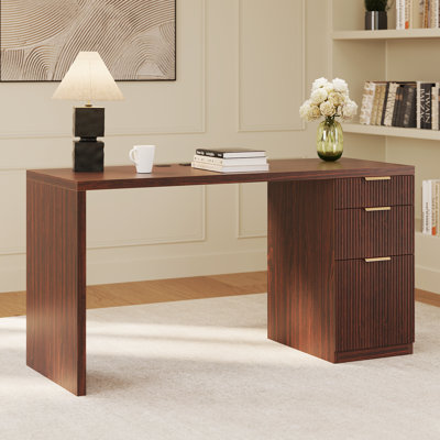 Ato 58" Modern Fluted Executive Desk With Storage, Home Office Desk With Drawer, Cabinet, Outlet