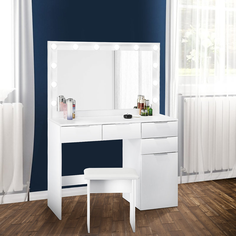 Coiffeuse de maquillage blanche, coiffeuse avec éclairage à DEL et coiffeuse avec miroir, 2 prises USB, cinq tiroirs de grande capacité, lumière à 3 tons avec luminosité réglable