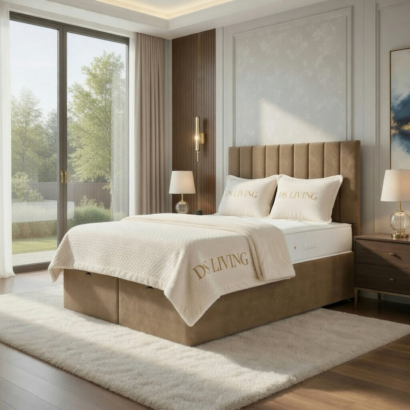Upholstered Ottoman Bed, Beige, King