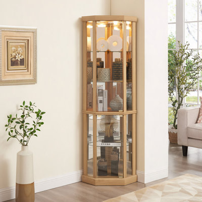 Lighted Corner Curio Cabinet - Elegant Glass Display Case For Living Room & Bar Storage - Perfect For Antique Collections & Wine - Includes Built-In Lighting