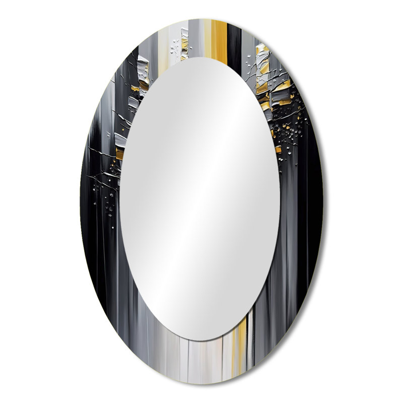 Abstrait géométrique noir et jaune I - miroir mural ovale moderne, 36 po x 24 po