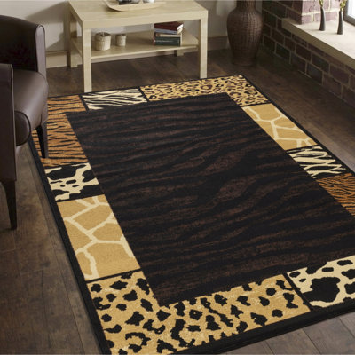 Tapis rectangulaire noir à imprimé multi-animaux 100% polypropylène fabriqué à la machine avec envers en jute, 7 pi 10 po X 3 po, style rustique et animal de compagnie, Stain Mountain Wild Under Furniture,
