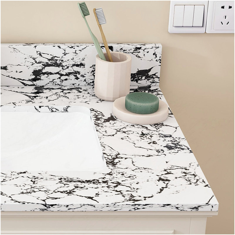 Comptoir de salle de bain 31 po x 22 po, avec lavabo et dosseret en céramique encastré, comptoir de salle de bain en marbre artificiel avec 1 trou pré-percé, blanc et noir New Carrara (seulement le comptoir de salle de bain)