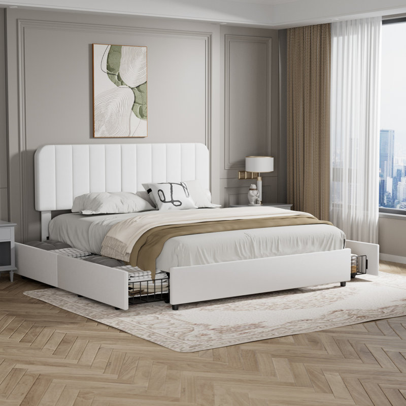 Huntsville 4-Drawer Velvet Upholstered Platform Bed, White, King