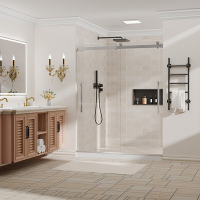 56-60 in. W x 74 in. H Semi-Frameless Double Sliding Shower Door, 1/4" Clear Tempered Glass, Brushed Nickel