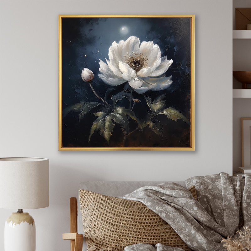Lune argent foncé foncé fleur blanche, Cadre flottant doré, H 30 po x l 30 po x P 1 po