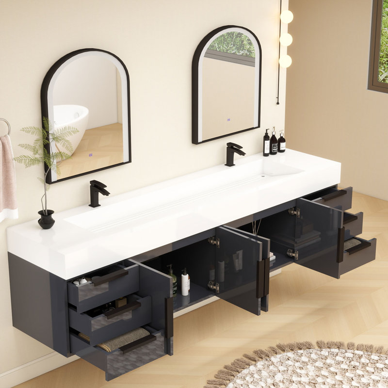 Jessica 84 " W Free Standing Wall Mounted Single Double Single Vanity Bathroom Vanity With Acrylic Top, Gloss Gray