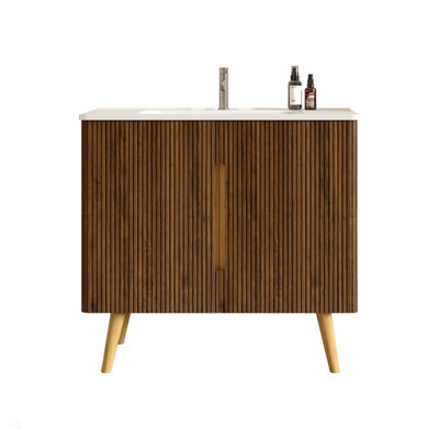 Meuble-lavabo 36 po en noyer rayé avec lavabo blanc brillant