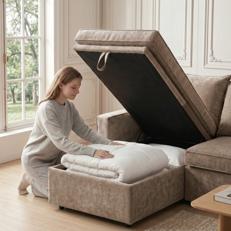 Canapé-lit modulaire en L avec lit escamotable et méridienne de rangement, Brun