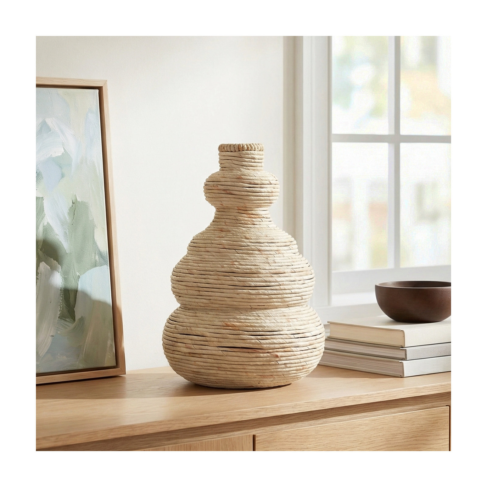Seagrass Handmade Wrapped Decorative Vase with Abstract Bubble Shape, Beige