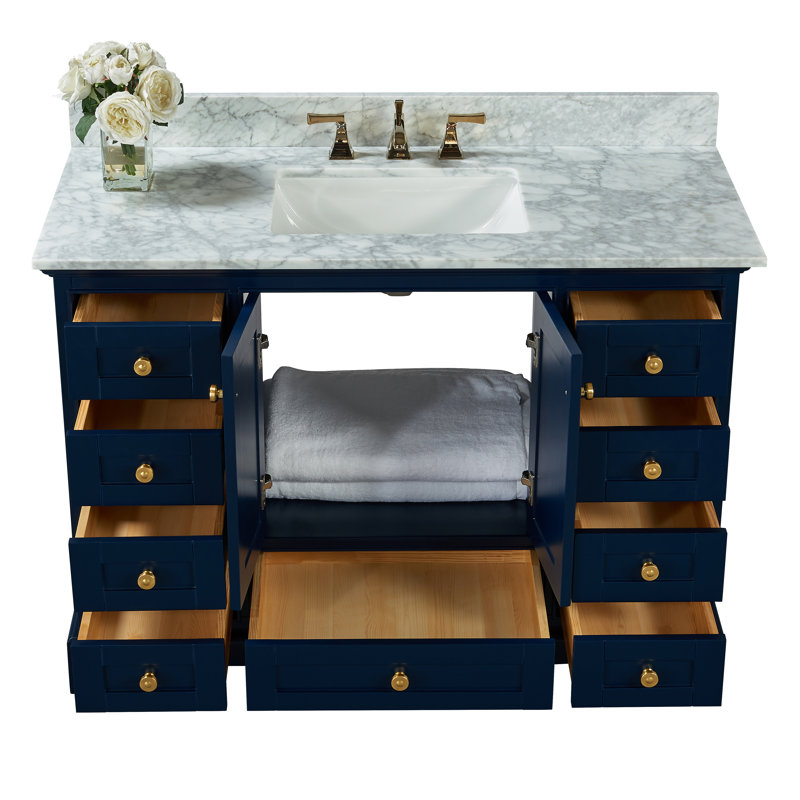 Ensemble de meuble-lavabo simple 48 po Varna, Bleu héritage / or brossé, Marbre blanc de Carrare