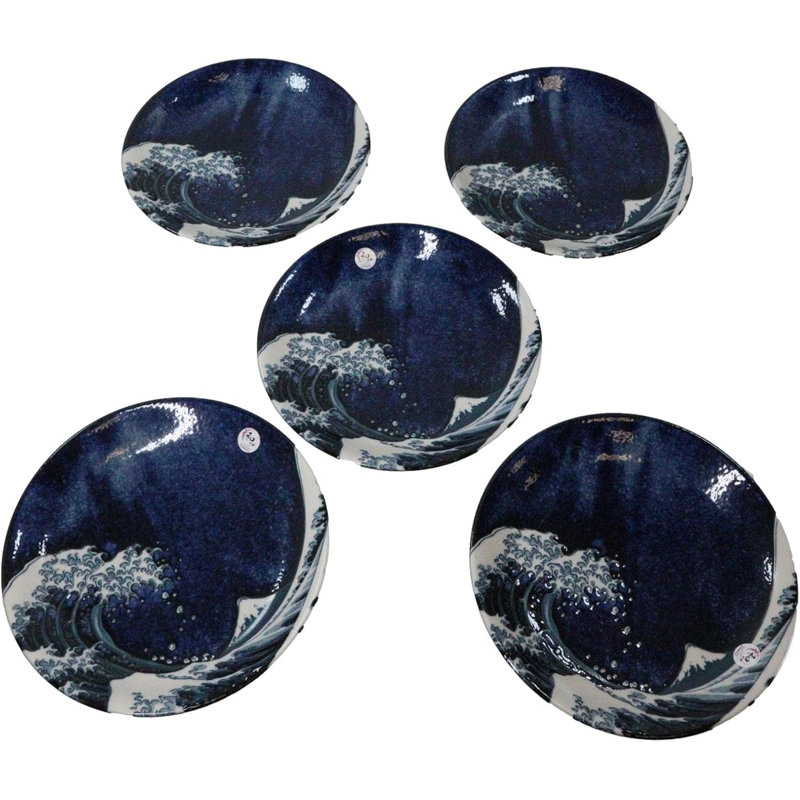 Set Of 5 Hokusai The Great Wave Of Kanagawa Mount Fuji 10"D Round Dinner Plates
