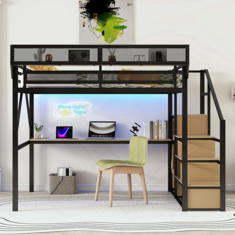 Lit mezzanine avec bureau et station de charge, lit mezzanine en métal avec escalier et lumière pour enfants adolescents