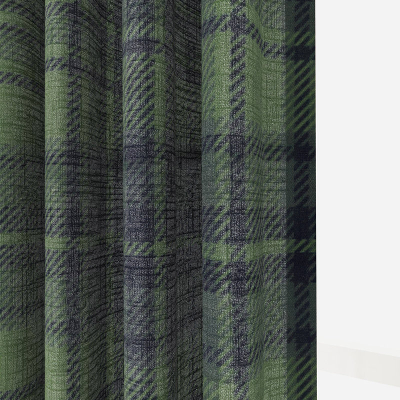 TWOPAGES Unlined Plaid Curtain Gingham Faux Linen Pinch Pleat Curtain, 26" W x 90" L, Evergreen