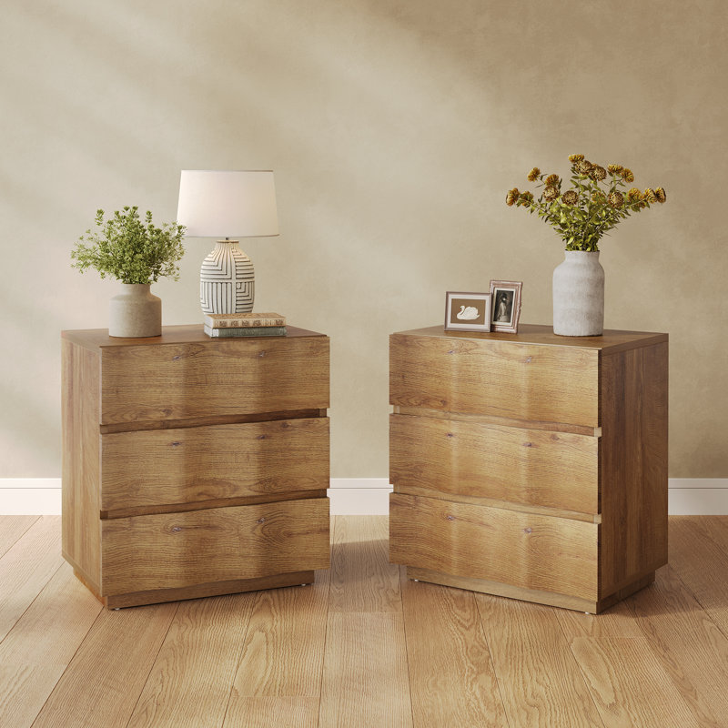Modern Farmhouse Brown Nightstand With 3 Drawers, Set of 2