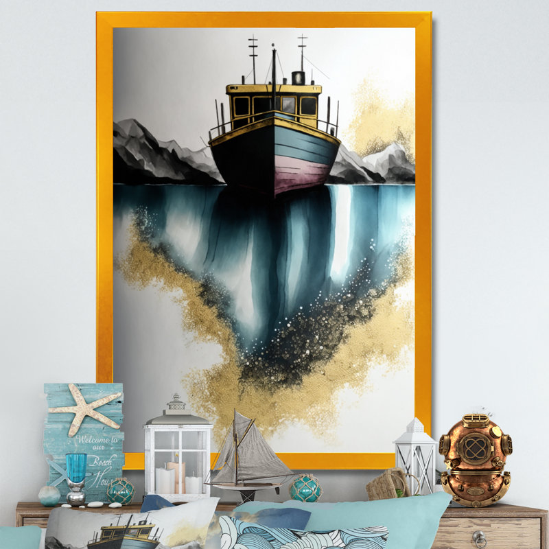 " Green Modern Fishing Boat ", Gold Picture Framed, 32" H x 24" W x 1" D