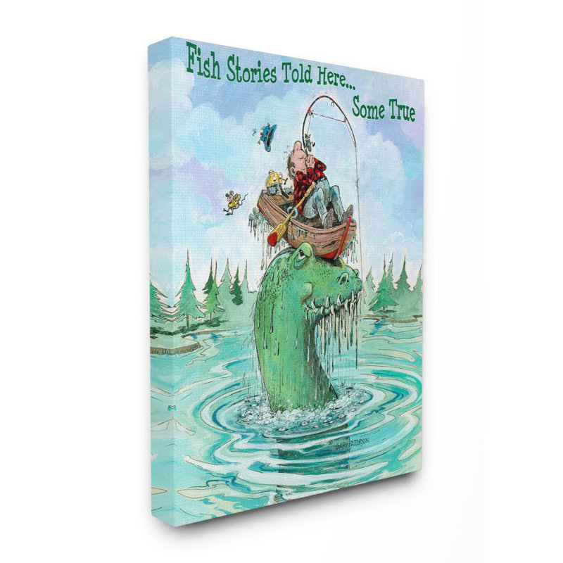 «Stories Told Here Funny Sports Fishing» par Gary Patterson - impression d'art graphique, H 20 po x l 16 po, Toile tendue