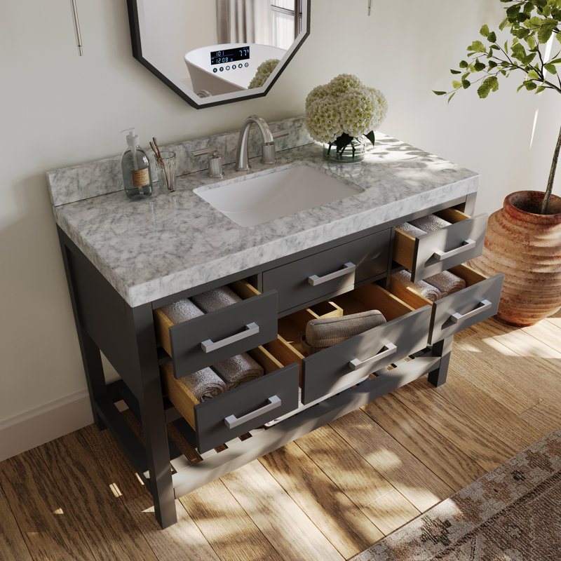 Ensemble de meuble-lavabo simple 48 po Carrie, Gris saphir / nickel brossé, Marbre blanc de Carrare