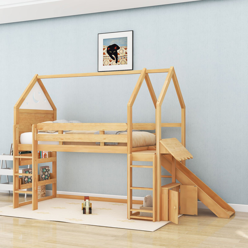 Lit mezzanine simple en bois avec glissoire et rangement, Noir