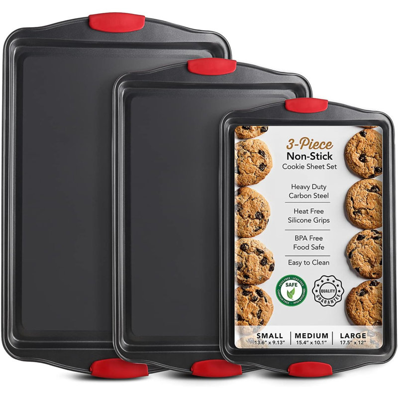 Ensemble de 3 plaques à pâtisserie antiadhésives avec poignées en silicone, plaques à biscuits en acier durable et plaque de cuisson