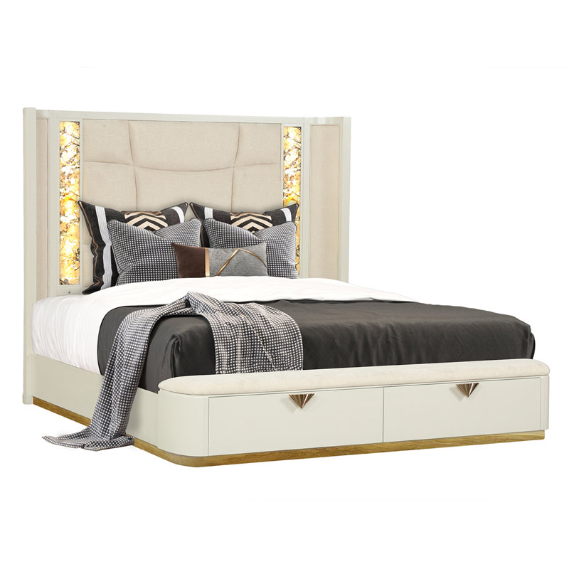 Ensemble de chambre à coucher rembourrée Zimran, Très grand lit, 5 Pcs: Dresser, Mirror, Bed, Nightstand, Chest