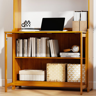 Writing Desk with Hutch Bookshelf, Foldable Bamboo Computer Desk with Storage Shelves for Home Office