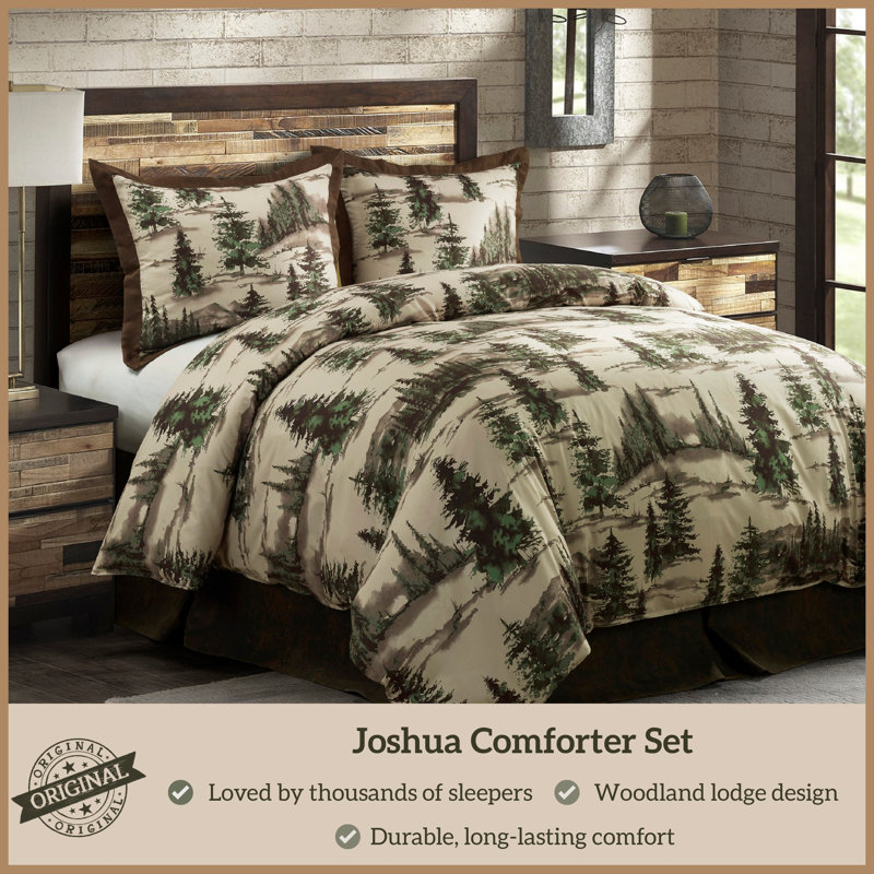 Joshua Cream, Green and Brown Pine Tree Print Western Lodge Rustic Cabin Cotton Comforter Set, Twin Comforter + 1 Sham