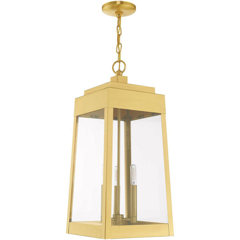 3 Light Outdoor Pendant Lantern with Clear Glass Shade, 24.50" H x 10.50" W x 10.50" D,  Satin Brass