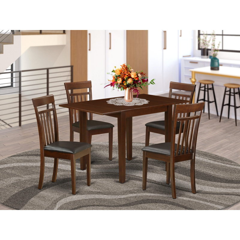 5 Piece Modern Dining Table Set Includes a Rectangle Wooden Table with Dropleaf and 4 Faux Leather Dining Room Chairs, Mahogany