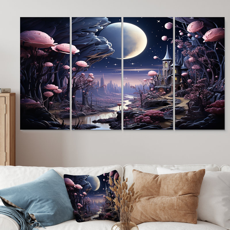 Champignon rose, fantaisie, château, vision, ensemble d'art mural 4 pièces, H 28 po x l 48 po