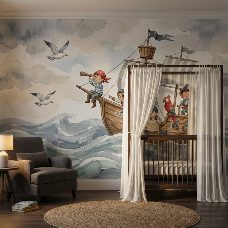 Papier peint fantaisiste pour enfants Pirate Adventure, Texturé non collé, 160 po x 108 po