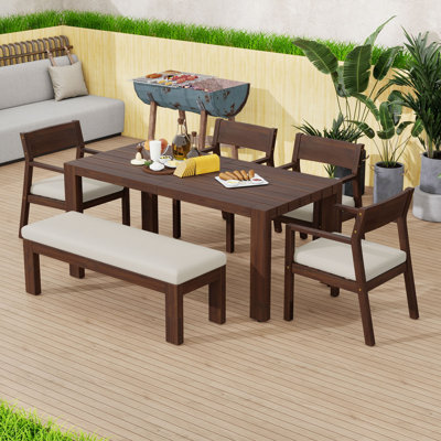 Ensemble repas 6 pièces pour l'extérieur avec table de 71 pouces, trou pour parasol, 4 fauteuils rembourrés et banc
