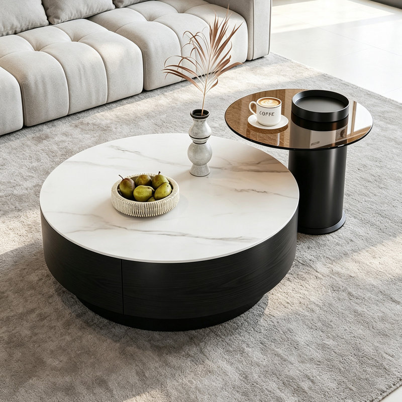 Ensemble de petites tables basses pour petit salon, Brown/Light Gray Top/Black Base, 12.99" H x 27.55" W x 27.55" D, Marble