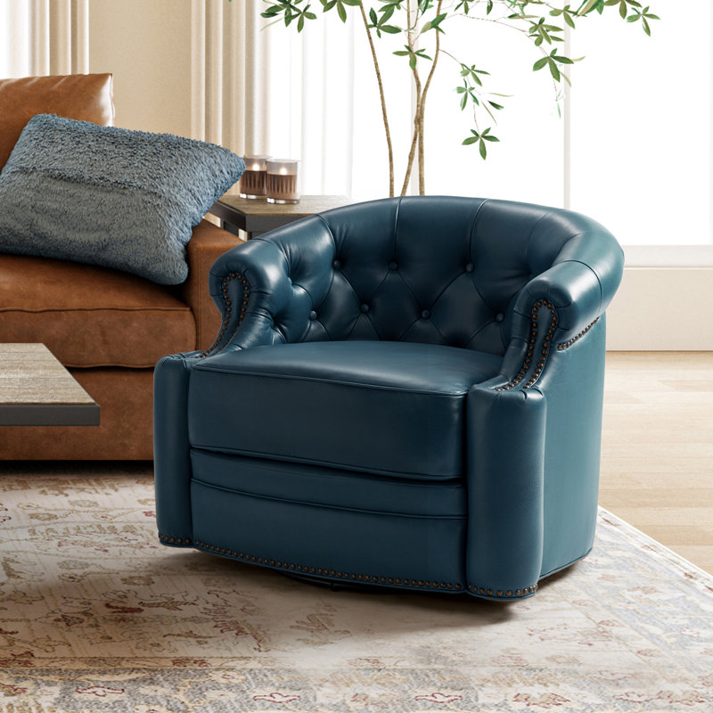 Toiya 31.5" Wide Genuine Leather Swivel Chair, Turquoise