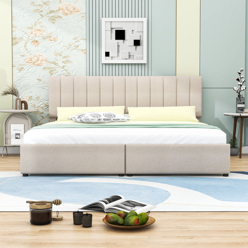 Lit plateforme tapissier avec système de rangement hydraulique, Beige