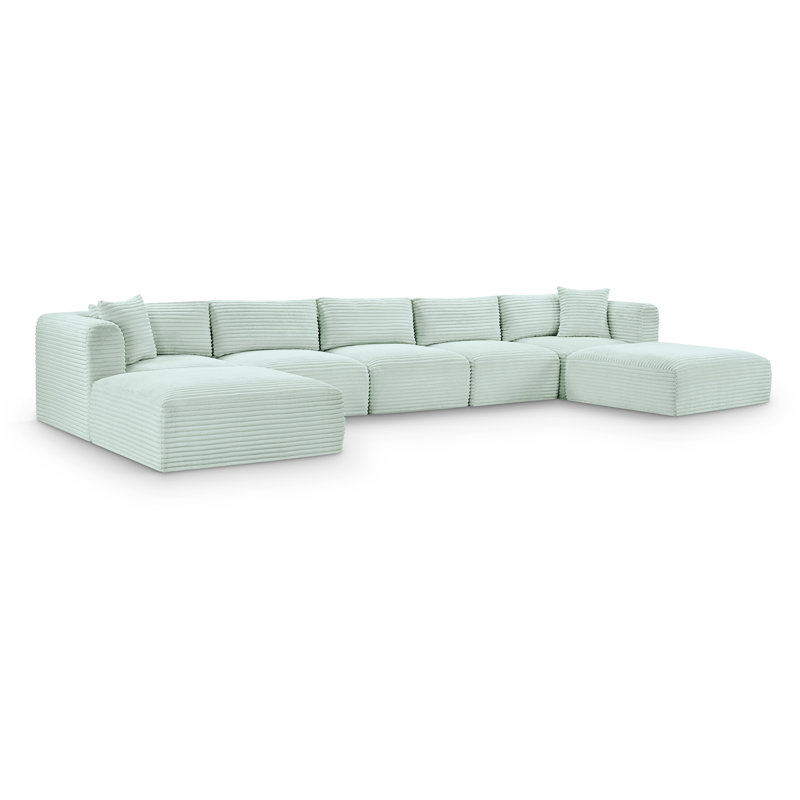 Canapé modulaire Carmean, Velours côtelé texturé velours menthe, 3 sans accoudoirs, 2 en coin, 2 repose-pieds