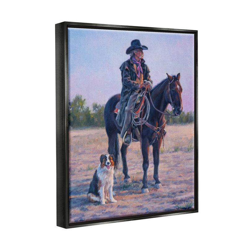 Cowboy dans un paysage champêtre encadré par David Graham, H 21 po x l 17 po x P 1,7 po, Cadre flottant noir de jais