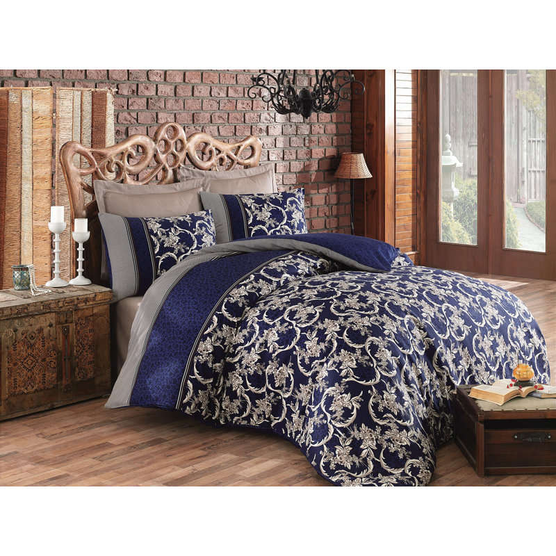 Ensemble de housse de couette 100% coton 4 pièces bleu / beige Elledge