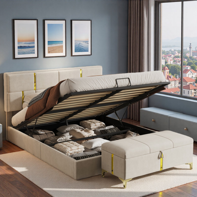 Les ensembles de chambre à coucher 2 pièces comprennent 1 lit plateforme tapissier avec système de rangement hydraulique, 1 repose-pieds avec rangement et pieds en métal