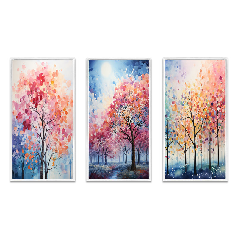 «Pink and Blue Trees Field Pointillism III», 3 pièces sur toile, Cadre blanc, H 32 po x l 48 po