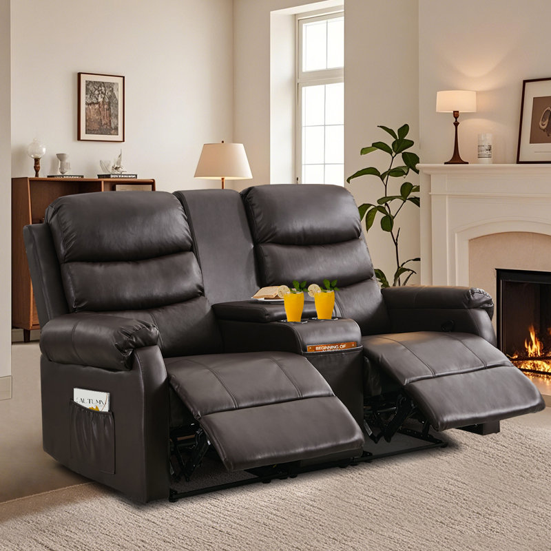 Manual Reclining Loveseat Sofa With Cup Holders & Storage Console For Living Room, RV, Home Theater, Brown