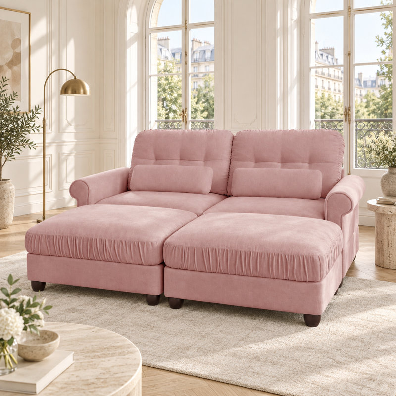 Canapé modulable 2 places en chenille Deerwood de 176 cm de large avec 2 poufs, coussins à volants et coussins lombaires