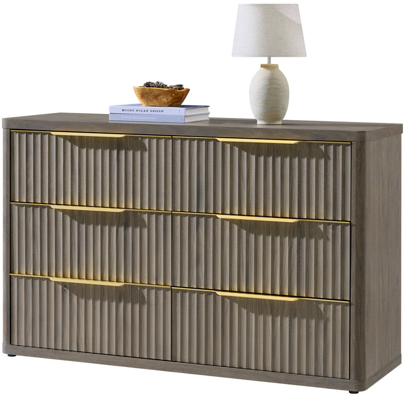 Cesiro 53.5"W Fluted Panel 6-Drawer Dresser With Gold Handles, 1, Gray Alder