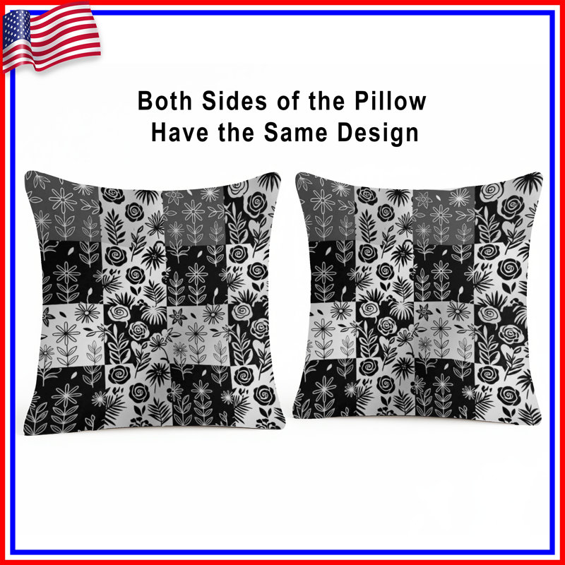 Coussins décoratifs noirs et blancs à motif floral, 20 x 20 pouces