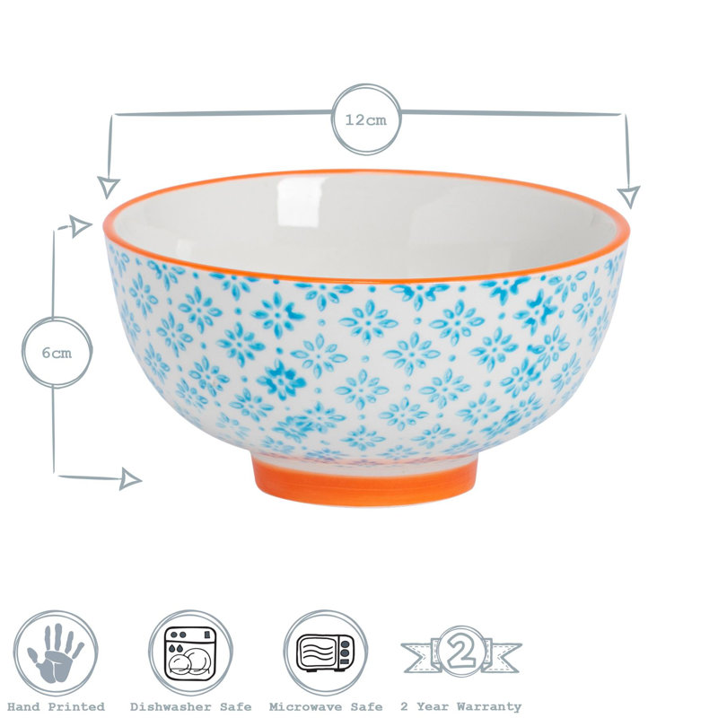 Nicola Spring Hand-Printed Rice Bowls - 12cm - 3 Colours - Pack of 6