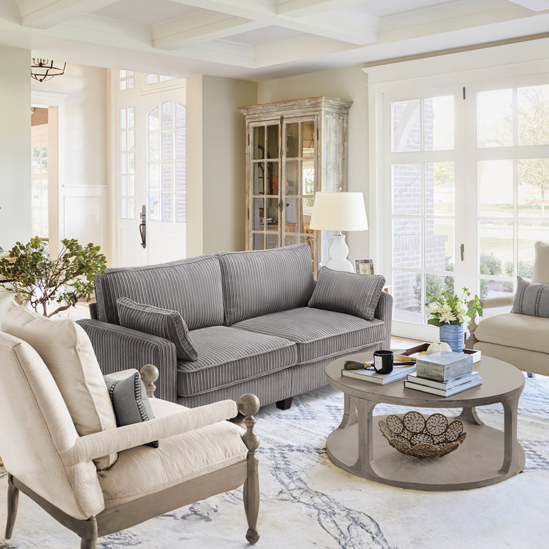 Seliana 80.71" W Chenille Upholstered Square Arm Sofa with Accent Pillows, Dark Gray Corduroy