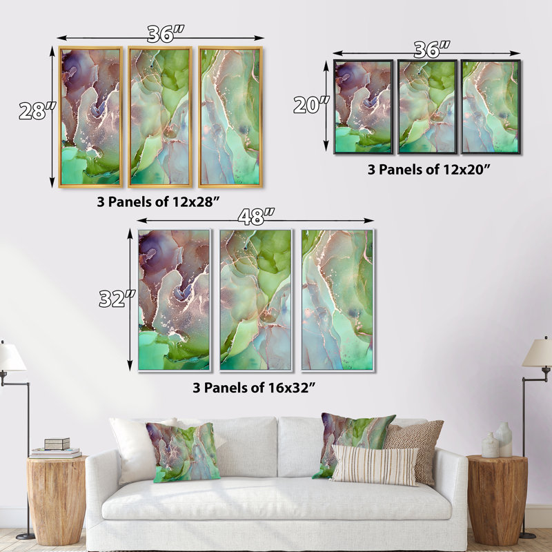 «Green and Pink Abstract Ink Art», impression sur toile flottante 3 pièces, H 28 po x l 36 po x P 1 po, Cadre noir
