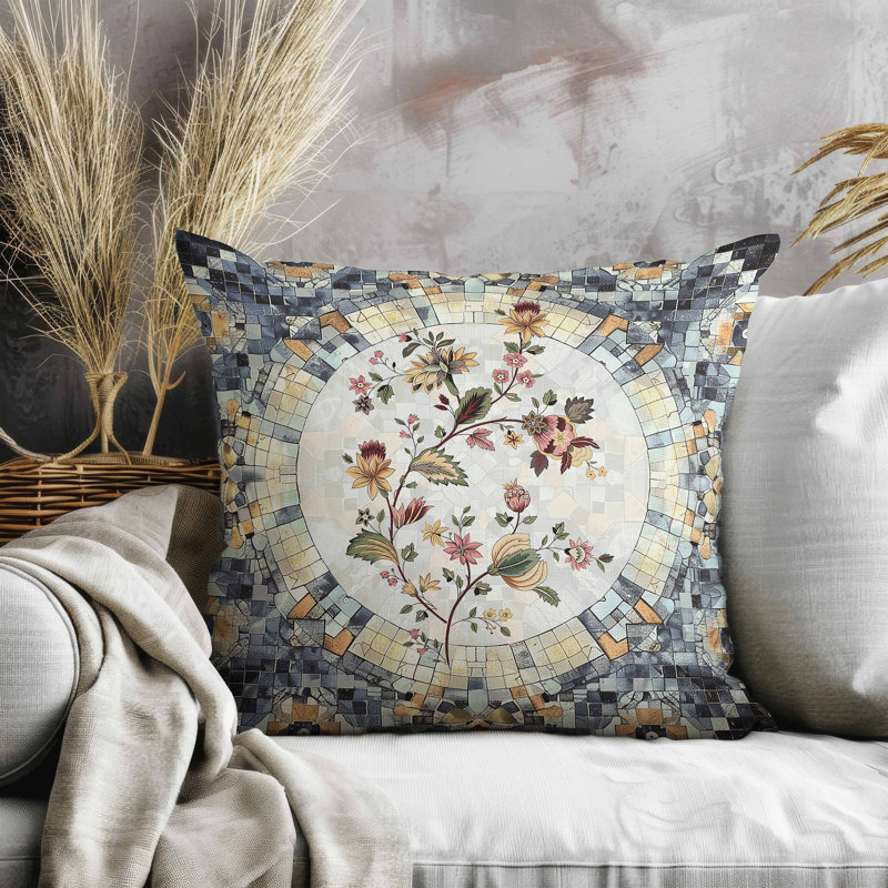 Oreiller en faux suède Botanical Mosaic, Carré 26 po, Vert / jaune / rose / gris