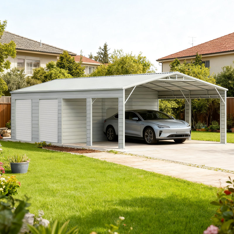 Garage métallique de 7 m x 14 m (23 pi x 46 pi) - Rangement pour véhicules, outils et objets lourds, structure en acier de calibre 14, deux portes sectionnelles de 2,4 m et 2,7 m (8 pi et 9 pi), entrée latérale, matériau Q235 crème, large et long, avec 2 portes, 40 cm (16 po) galvanisé
