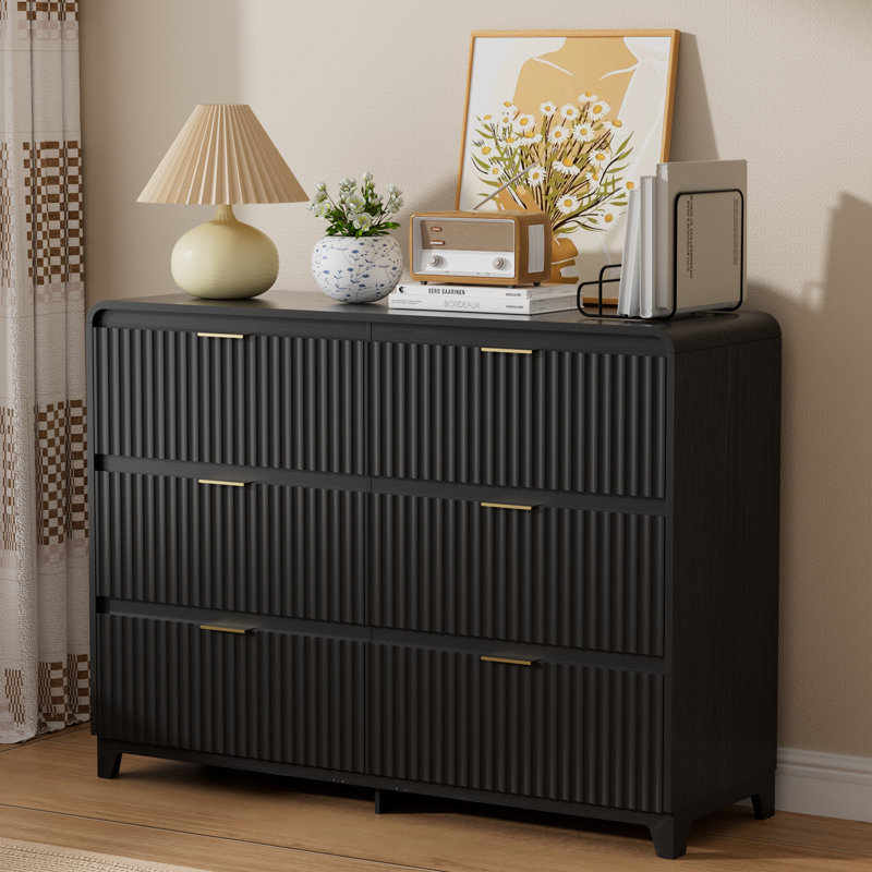 Commode 6 tiroirs pour chambre à coucher, commode cannelée moderne avec poignée Mrtal pour le salon, noir, Noir